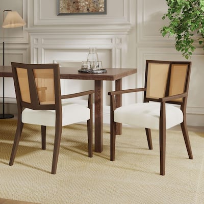 Sinclair Modern Upholstered Dining Chairs with Cane Webbing, Arms, Rubberwood, Walnut plus Beige(Set of 2)