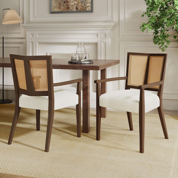 CHRISTOPHER KNIGHT HOME Sinclair Modern Upholstered Dining Chairs with Cane Webbing, Arms, Rubberwood, Walnut plus Beige(Set of 2)