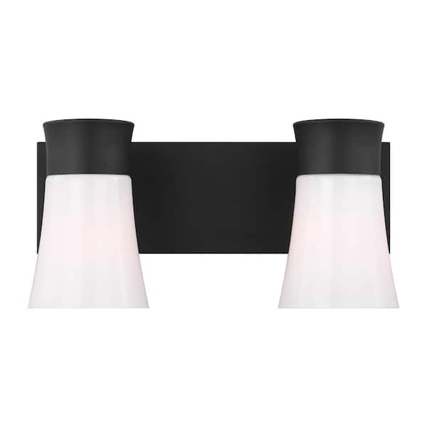 SCOTT LIVING Roy 14.5 in. 2-Light Midnight Black Medium Vanity Light with Milk Glass Shades