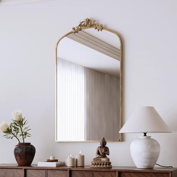 Antique Brown 24 in. W x 43 in. H Vintage Arched Floor Mirror, Baroque Metal Frame, Entryway and Living Room Decor