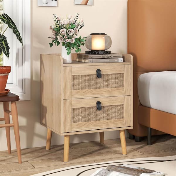 1-Pieces Natural 2 Drawer 17.5 in. W Modern Nightstand End Bedside Table with 2 Rattan Drawers & Solid Wood Legs