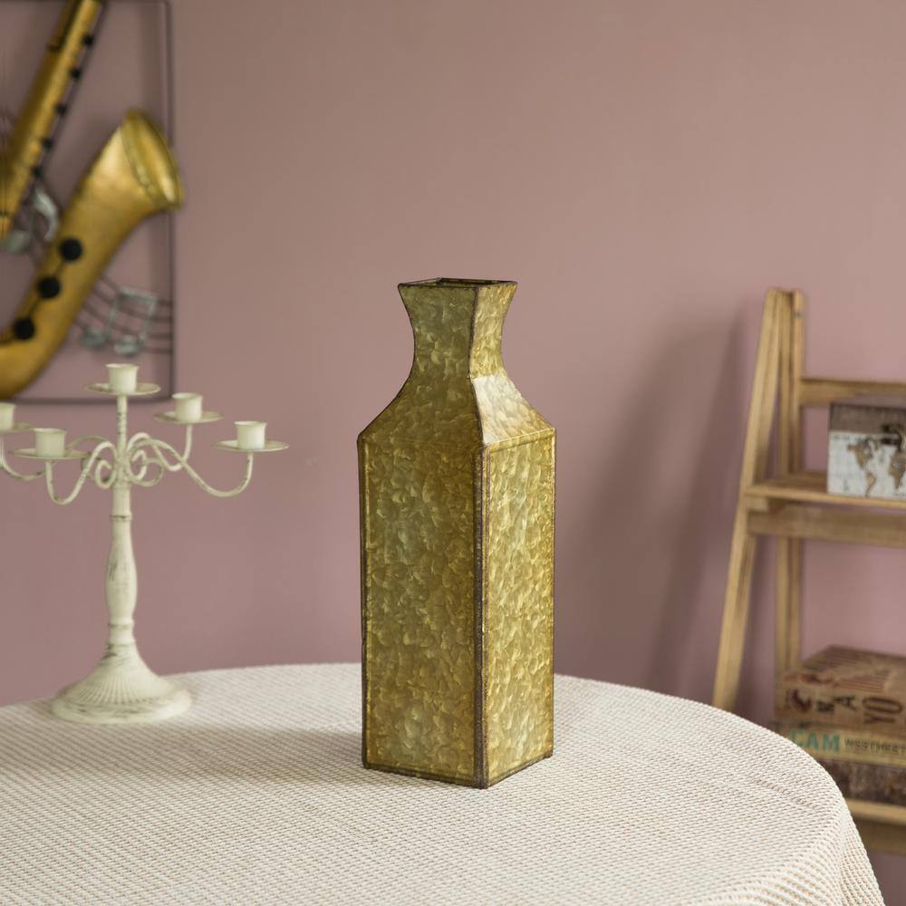 Antique Gold Textured Metal Bottle Shape Floor Vase, Small