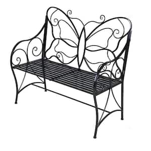 2-Person Black Metal Outdoor Garden Bench with Butterfly Backrest and Armrests for Garden, Park, Yard, Patio and Lawn