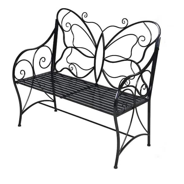 Angel Sar 2-Person Black Metal Outdoor Garden Bench with Butterfly Backrest and Armrests for Garden, Park, Yard, Patio and Lawn