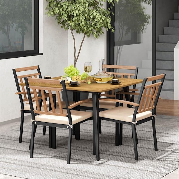Costway Black 5-Piece Wood Outdoor Dining Set with Beige Cushion
