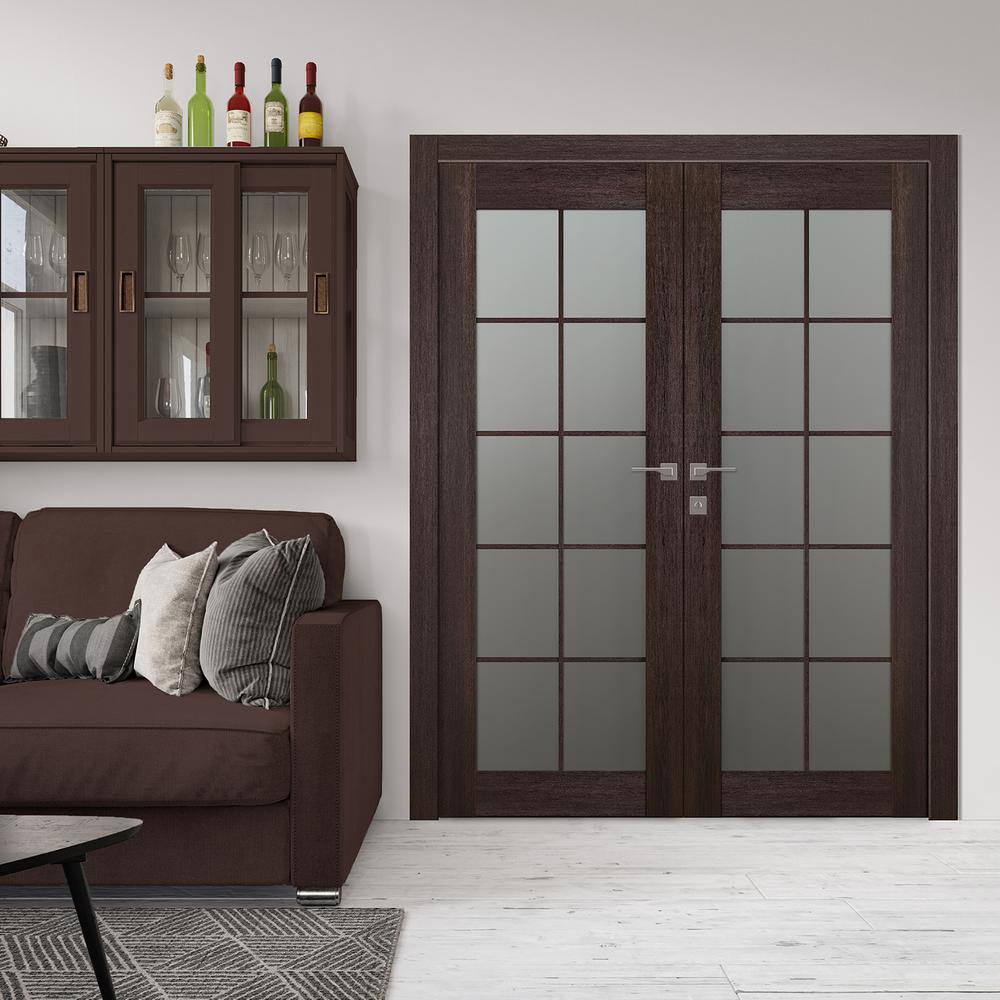 Vona 56" Dark Brown Veralinga Oak Composite French Door with Frosted Glass