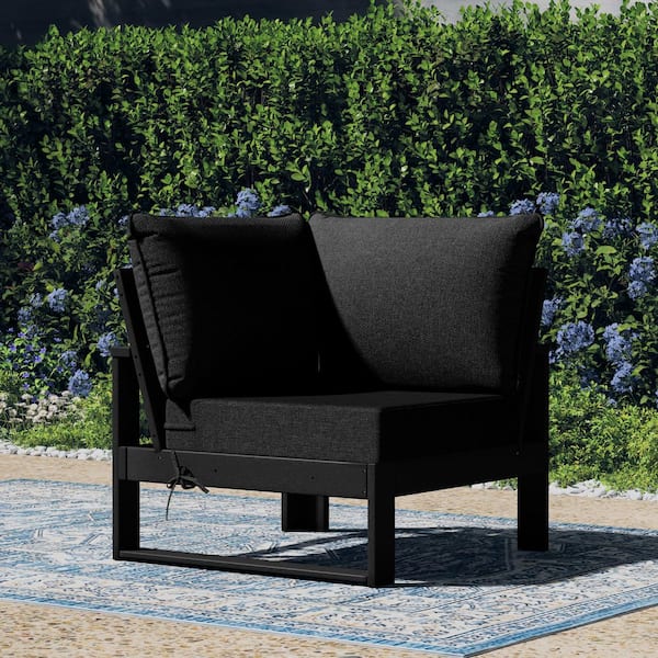 Endless Outdoor Patio Deep Seating Corner Chair with Black Plastic Frame and Black Side Tie Cushions