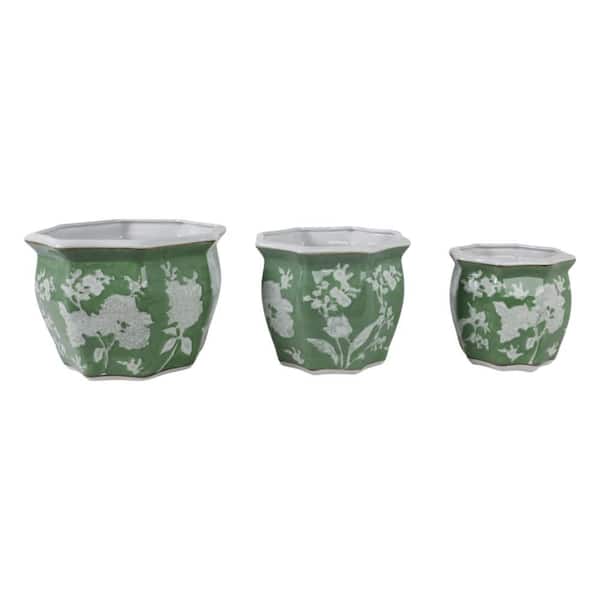 8 in. 10 in. and 12 in. Green Ceramic White Flowers Decorative Pots (Set of 3)