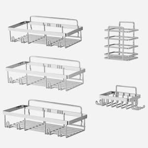 5-Piece Shower Caddy Basket Set in Silver, Wall Mounted Organizer Rack Storage for Bathroom, Kitchen