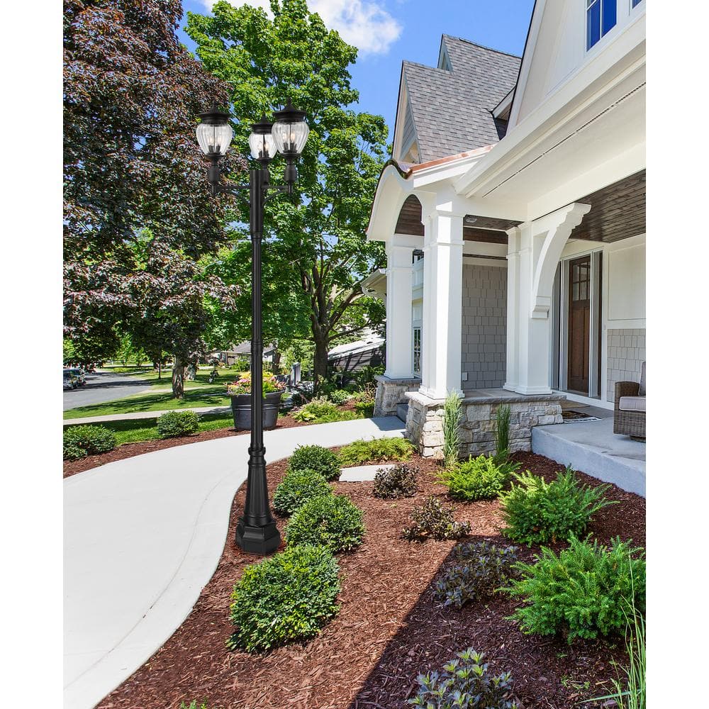 Textured Matte Black 3-Light Outdoor Post Lamp with Glass Shades
