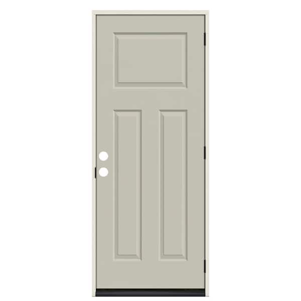 30 in. x 80 in. 3-Panel Craftsman Light Gray Painted Steel Prehung Left-Hand Inswing Front Door with Brickmould