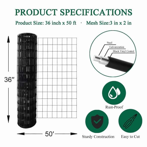 Angel Sar 36 in. x 50 ft. 16-Gauge Black PVC Poultry Netting, Coated Welded Wire Fence for Yard Vegetable Plant Protection