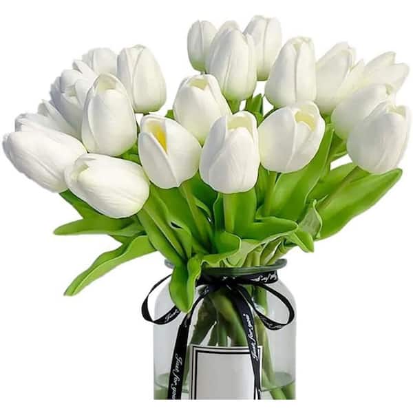 Afoxsos 3.93 in. H 20 Pieces White Artificial Tulips for Home Decor, Weddings, and Holidays