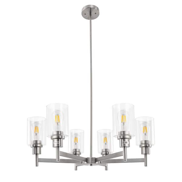 Briignite 6-Light Black Farmhouse Chandelier perfect for Dining Room with Adjustable Height Industrial Clear Glass Pendants