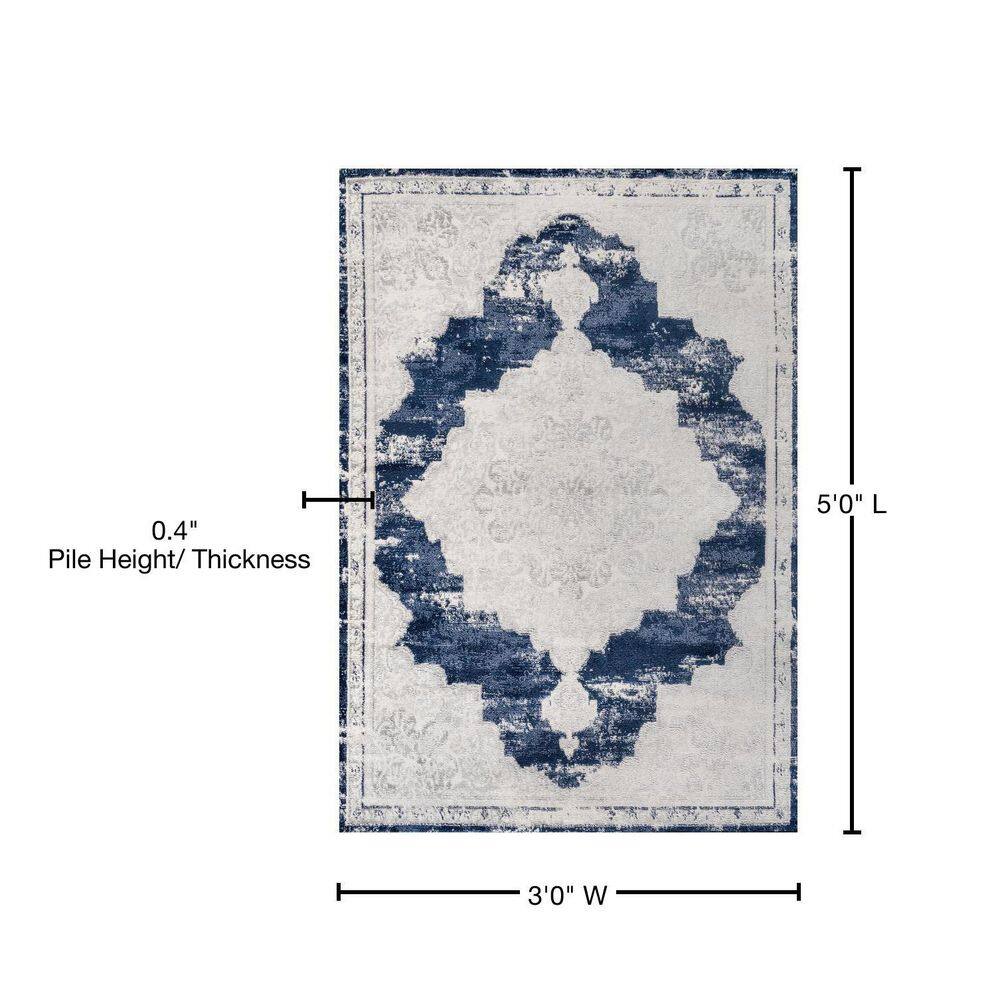 Ivory and Navy Synthetic Reversible Medallion Area Rug