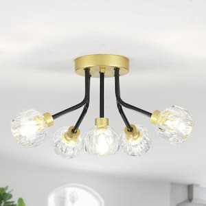 16.14 in. 5-Light Black/Gold Semi Flush Mount Chandelier for Hallway Entryway Dining Room with No Bulbs Included