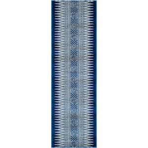 Evoke Royal/Ivory 2 ft. x 11 ft. Tribal Striped Runner Rug