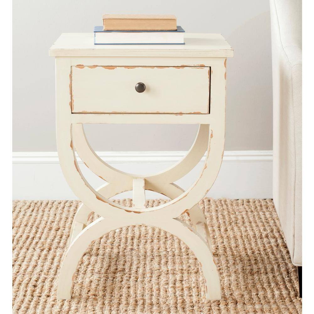 Vintage Cream Transitional Poplar End Table with Zinc Knob