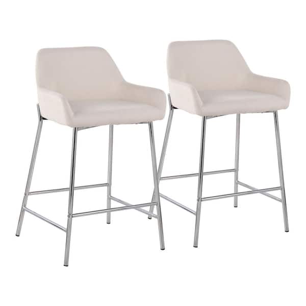 Lumisource Daniella 33 in. Fixed-Height Cream Fabric and Chrome Counter Height Bar Stool (Set of 2)