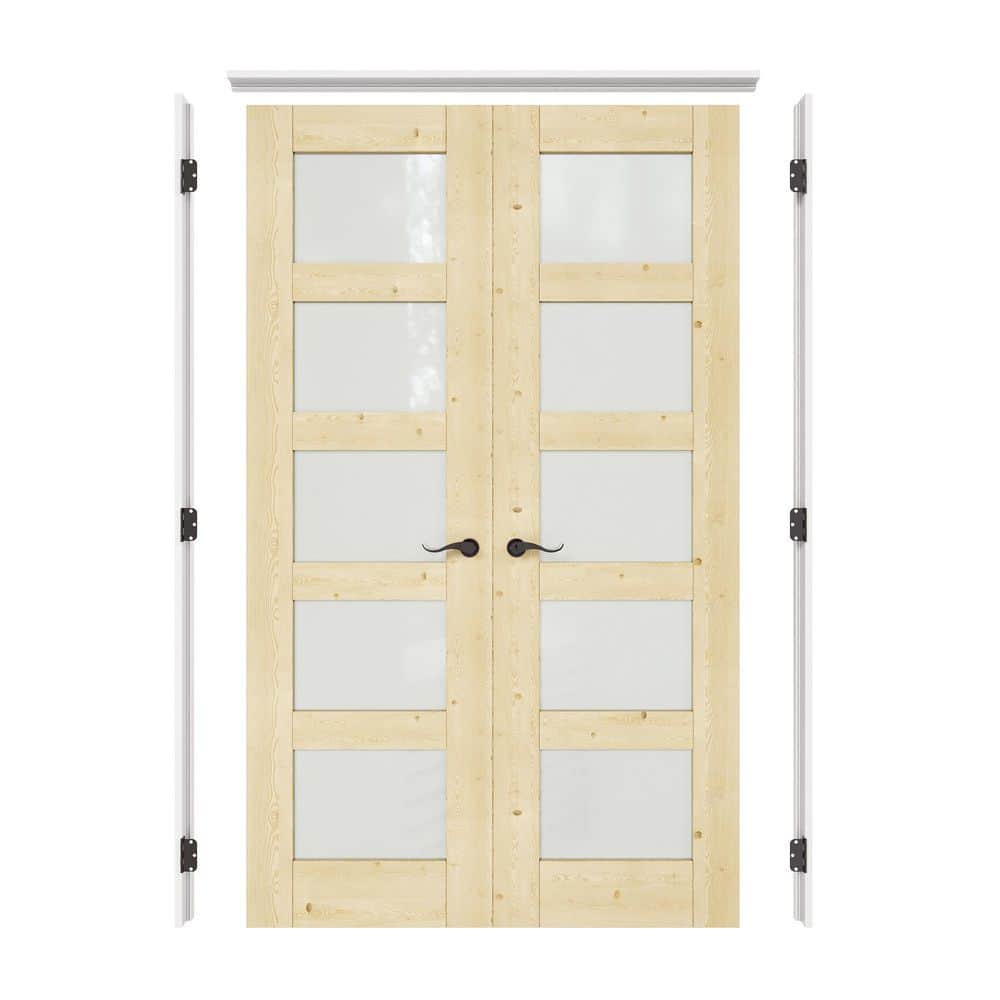 48 in. x 80 in. 5-Lite Frosted Glass Universal Solid Core Unfinished Pine Wood Double Prehung French Door+Separate Jamb price history on PriceWatchPro