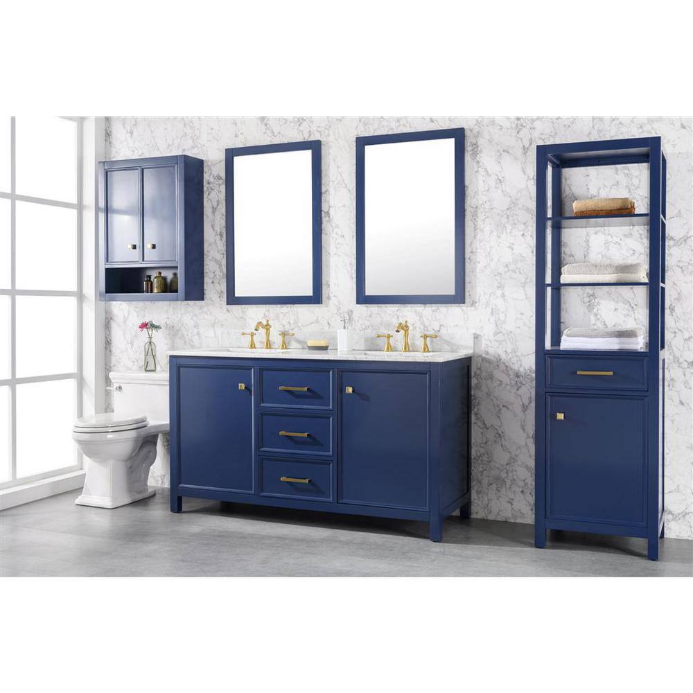 Blue Double Sink Vanity with Carrara Marble Top and Gold Hardware