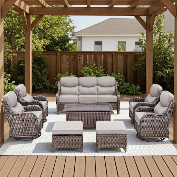Arcadia Brown 8-Piece Wicker Patio Conversation Set with Swivel Gliders and 6 in. Thick Olefin Beige Cushions