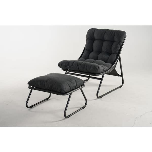 UPLAND Outdoor Lounge Chair with Foot Stool, Comfy Sling Recliner Chair with Puffy Cushion and Foot Rest, Dark Gray