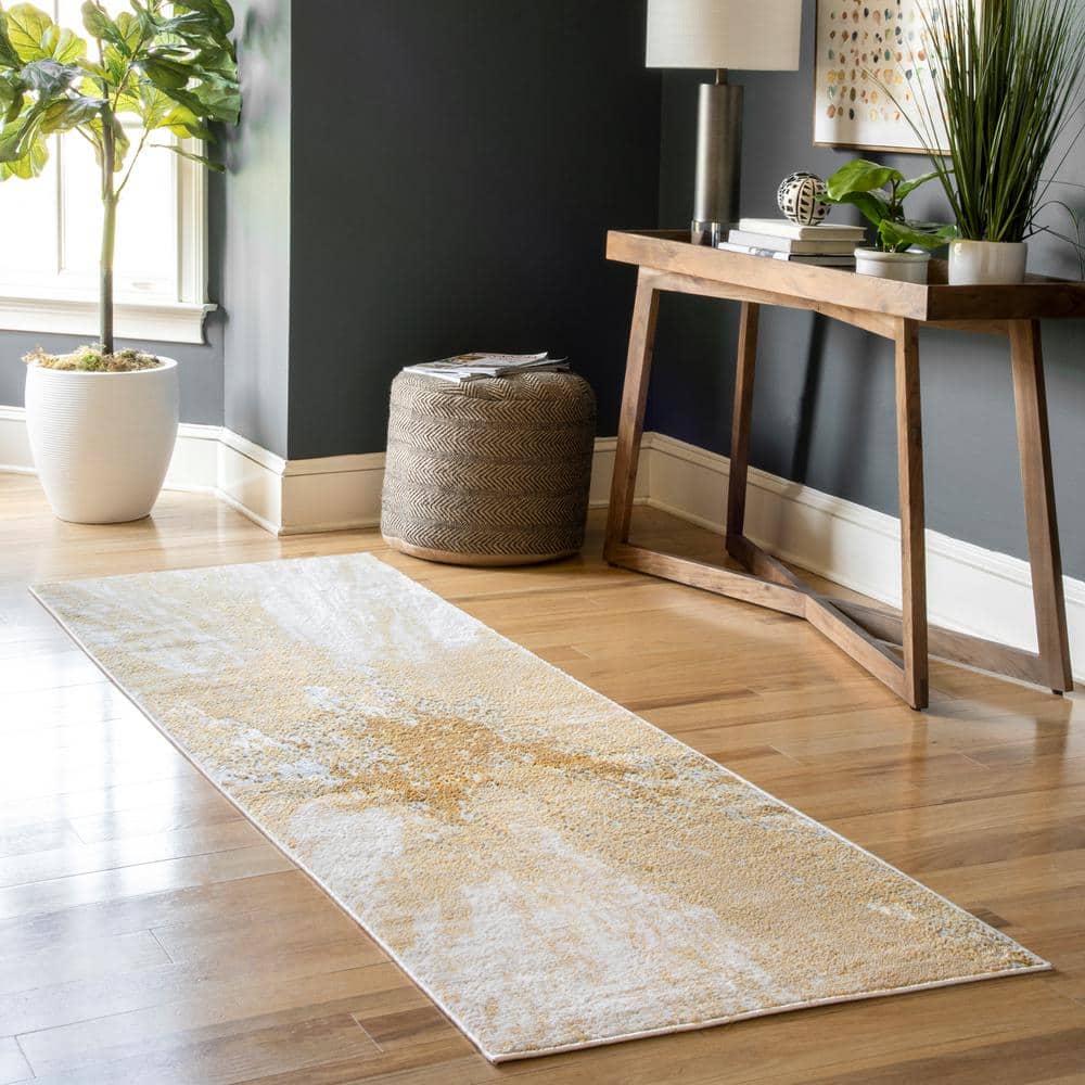 Gold and Ivory Abstract Synthetic Runner Rug, 2' 6" x 12'