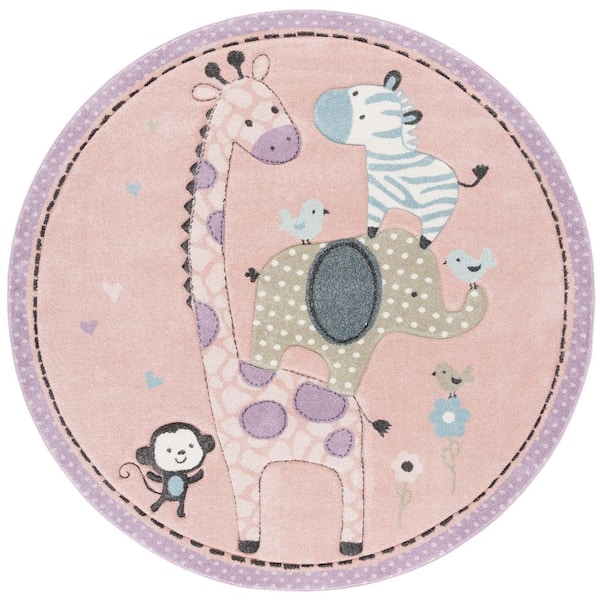 Carousel Kids 8 ft. x 8 ft. Blush Pink Animal Print Round Rug