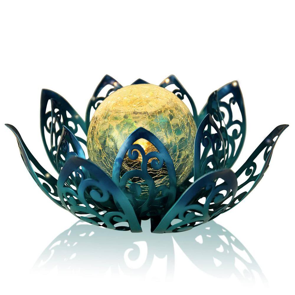 Outdoor Waterproof Metal Crackle Glass Globe LED Lotus Flower Decor Light for Tabletop, Pathway, Lawn and Garden, Blue price history on PriceWatchPro