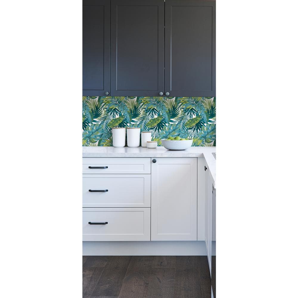 Tropical Palm Teal and Green Vinyl Peel and Stick Wallpaper