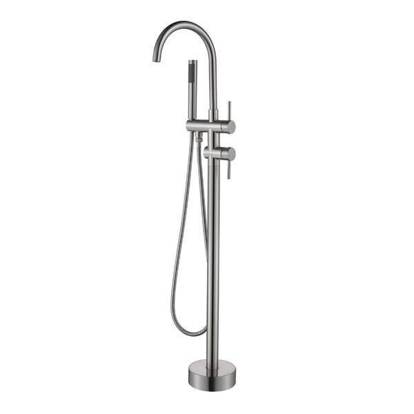 1-Handle Freestanding Floor Mount Tub Faucet Bathtub Filler with Hand Shower in Brushed Nickel