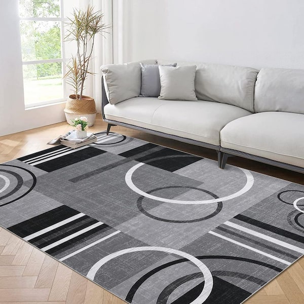 Gray 9x12ft Geometric Abstract Washable Area Rug
