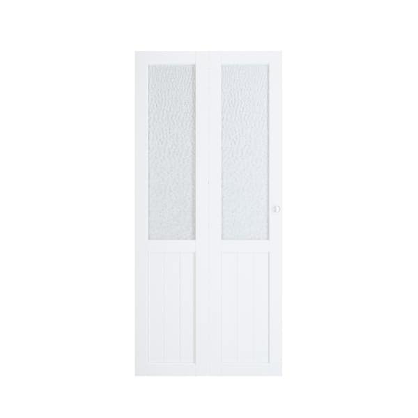 TENONER 36 in. x 80 in. White, MDF Hammered Glass, Half Tempered Glass Panel Bi-Fold Interior Door for Closet with Hardware Kits