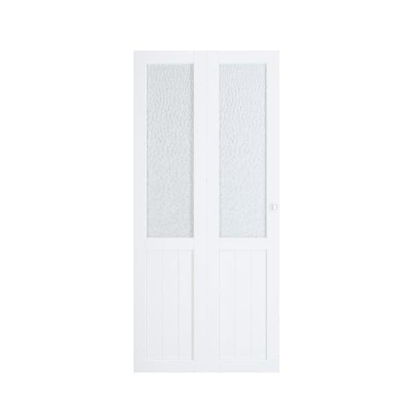 TENONER 36 in. x 80 in. White, MDF Hammered Glass, Half Tempered Glass Panel Bi-Fold Interior Door for Closet with Hardware Kits