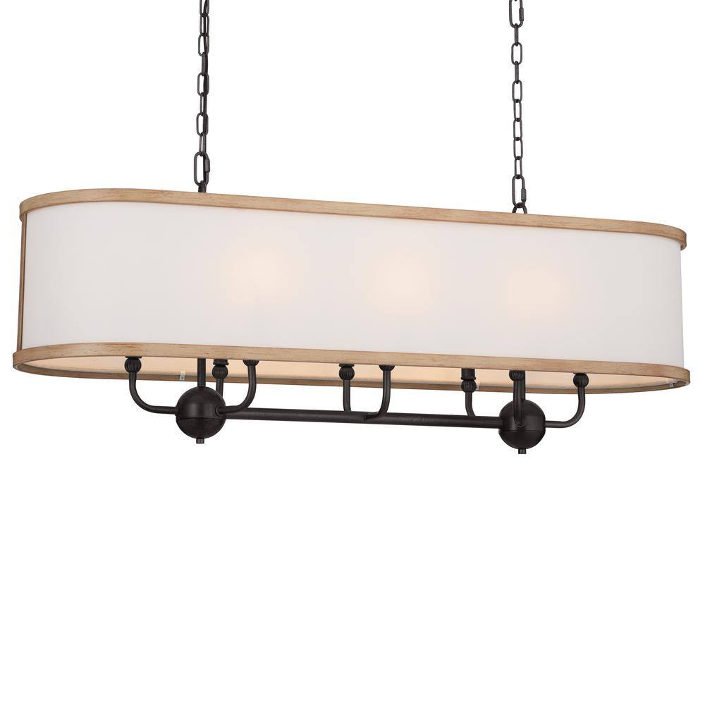 Anvil Iron and Beech Wood 8-Light Linear Chandelier with White Fabric Shade