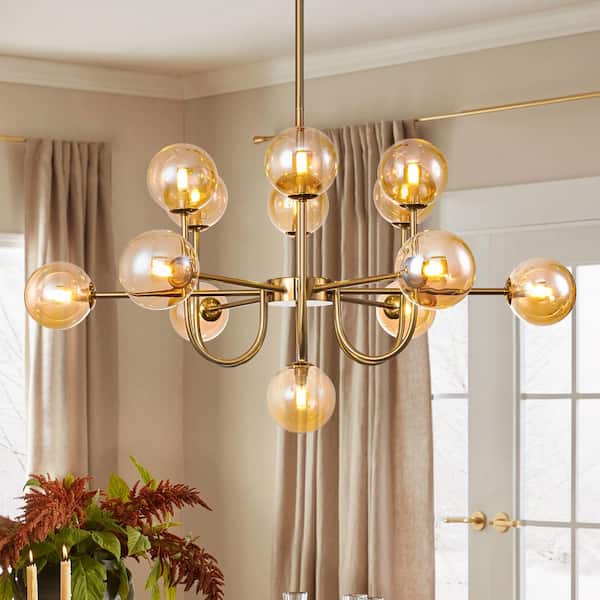 RRTYO Dalton 13-Light Brass Modern Amber Glass Globe Sputnik Chandelier Vintage Farmhouse Magic Bean Molecule Ceiling Pendant