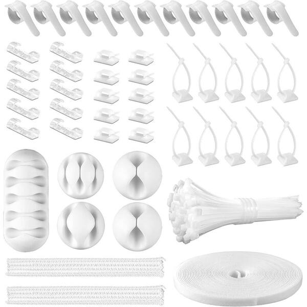 White Cable Management Organizer Kit with 2 Wire Sleeve, 41 Self Adhesive Clips, 10 Reusable Ties, 100 Zip Ties