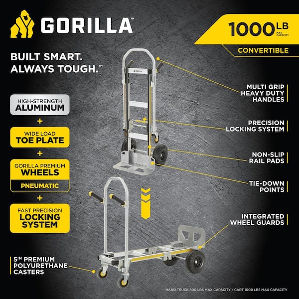 1,000 lbs. Capacity Convertible All Aluminum Hand Truck with Multi-Grip Power Handle, Wide Load Toe Plate Technology