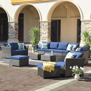 Suvius 12-Piece Wicker Outdoor Patio Conversation Seating Set with Navy Blue Cushions