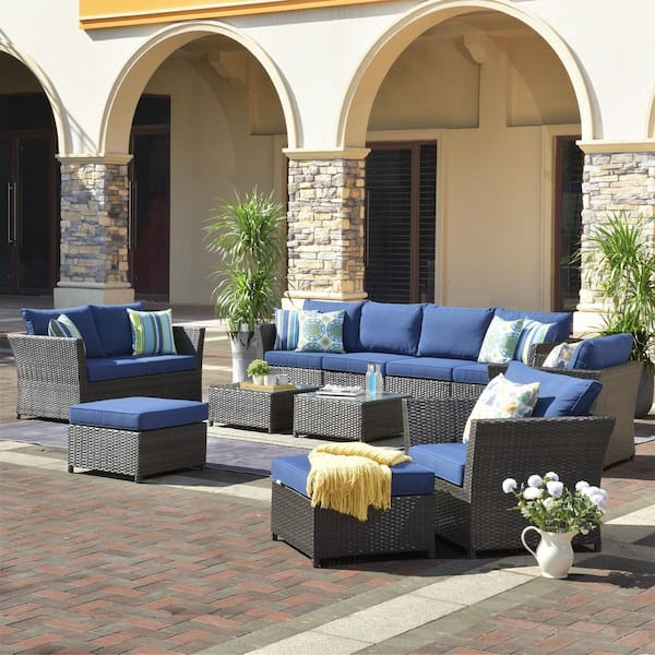 OVIOS Suvius 12-Piece Wicker Outdoor Patio Conversation Seating Set with Navy Blue Cushions