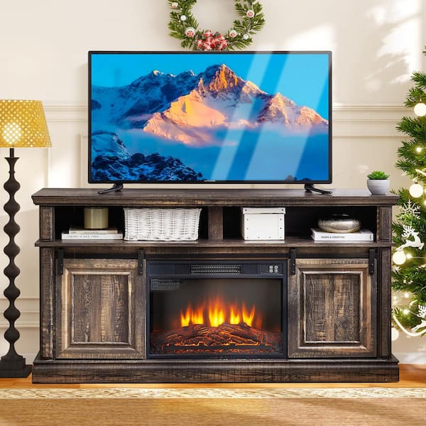 58 in. TV Stand with 23 in. Electric Fireplace Insert,Antique Brown, Fits TVs up to 65 in.,Ample Storage,Timer Settings
