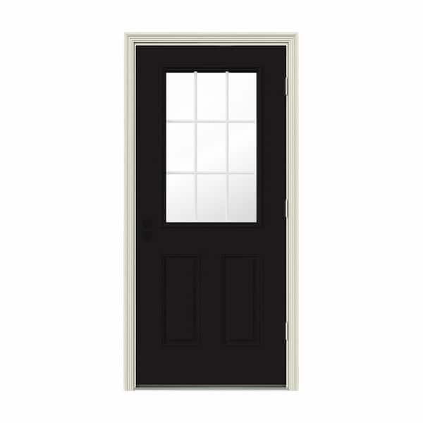 JELD-WEN 30 in. x 80 in. 9 Lite Black Painted Steel Prehung Left-Hand Outswing Entry Door w/Brickmould