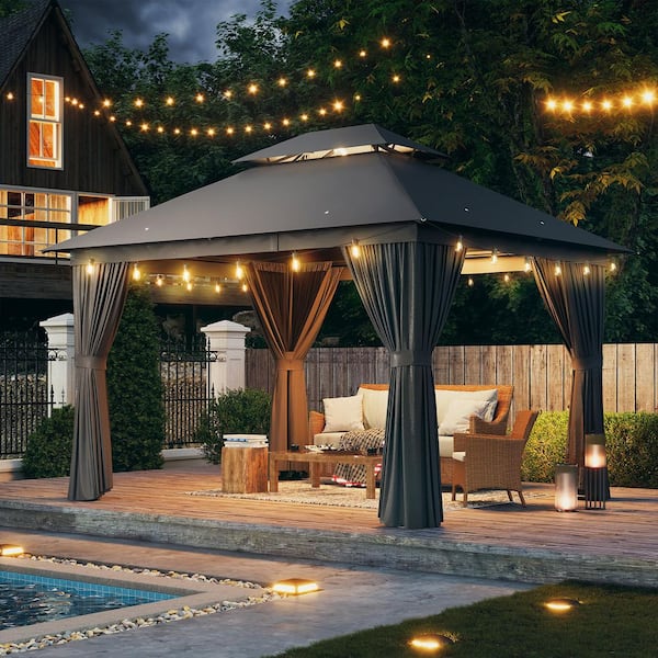 Sizzim Grey Outdoor Gazebo for Patio 12 ft. x 10 ft. Metal Sizzim Grey Outdoor Gazebo for Patio 12 ft. x 10 ft. Metal
