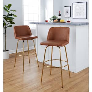 Toriano 29.75 in. Camel Faux Leather and Gold Metal Fixed-Height Bar Stool (Set of 2)