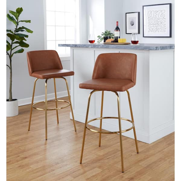 Lumisource Toriano 29.75 in. Camel Faux Leather and Gold Metal Fixed-Height Bar Stool (Set of 2)