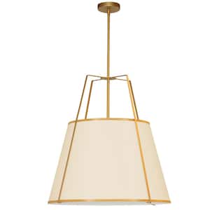 Trapezoid 3-Light Gold Frame Pendant with Cream Fabric Shade