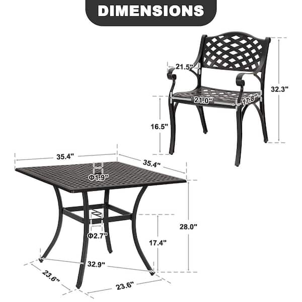 Black with Gold Speckles 5-Piece Cast Aluminum Square Outdoor Dining Set with Umbrella Hole and Wide Seat