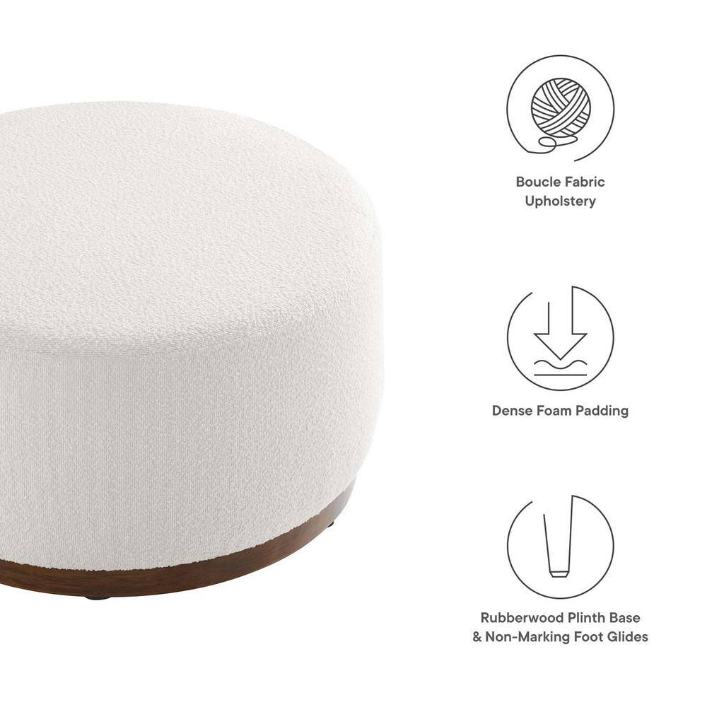 Tilden 29" Round White Boucle Ottoman with Walnut Base