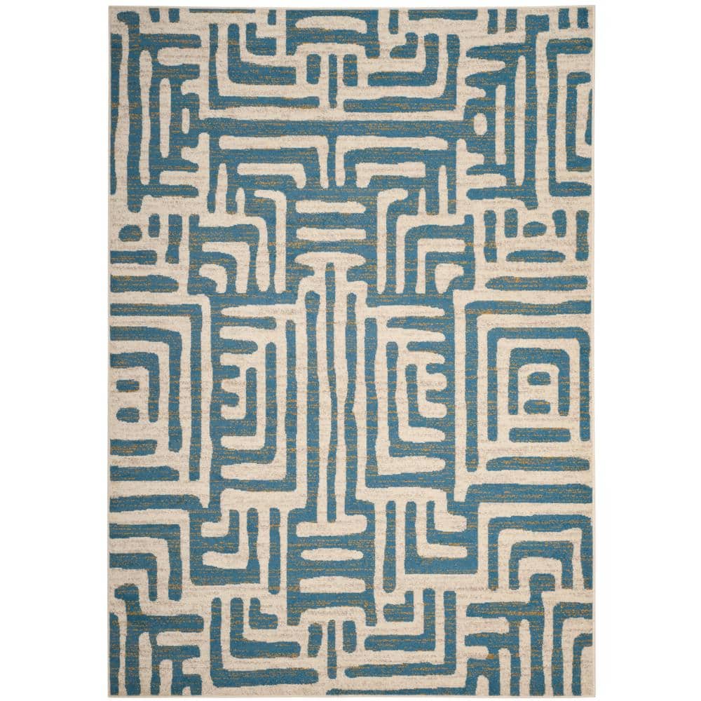 Off-White Geometric Synthetic Stain-Resistant Area Rug 79" x 6"